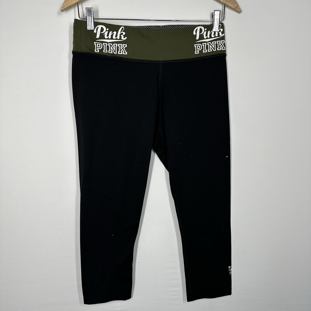 Victoria's Secret PINK leggings Cropped Black Small Foldable Pants Workout Y2K